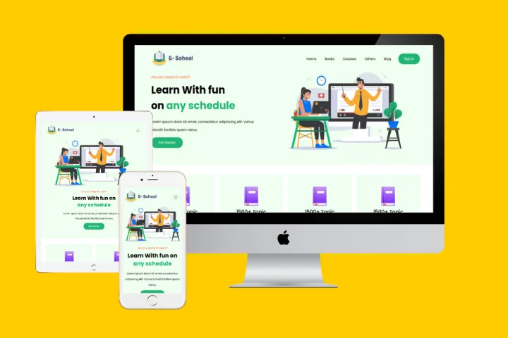 E-School learning website shown on desktop, tablet and phone
