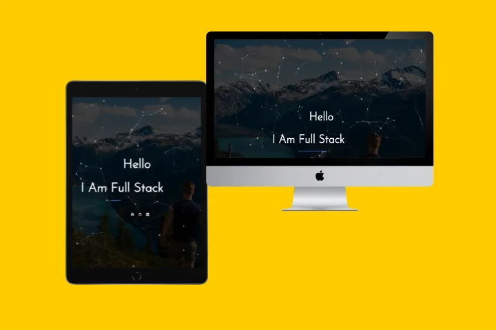 Developer portfolio with a constellation animation over a mountain photo, on tablet and desktop