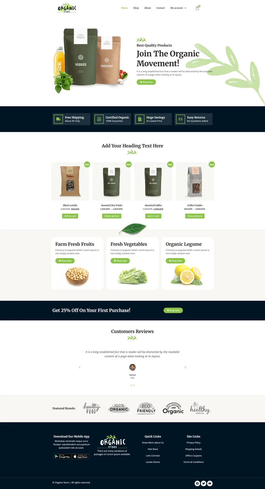 Organic Store homepage with product bags, a features bar and product grid