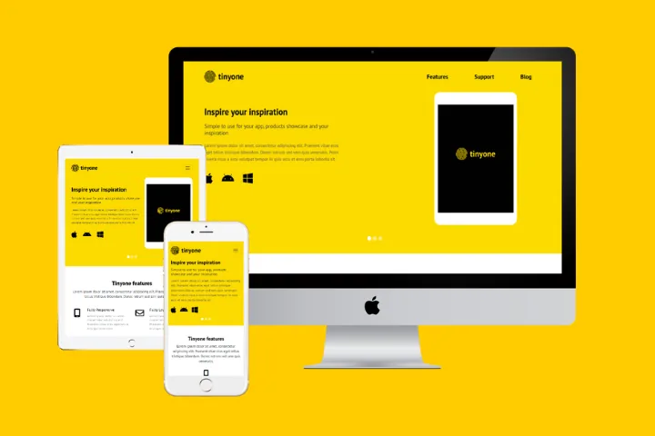 Tinyone app landing page in yellow on desktop, tablet and phone
